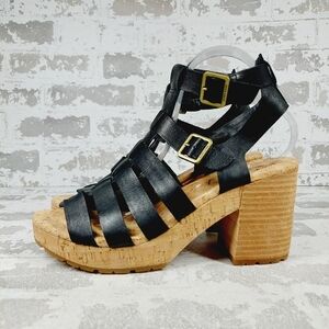 NEW Kork-Ease Camille Black Leather Block Heel Wedge Sandals E1014